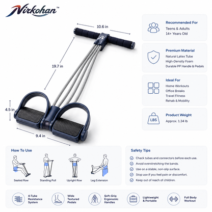 Nirkohan™ FlexCore Pedal Resistance Trainer – 4-Tube Foot Pedal Exercise Bands with Handles for Full Body, Core, Arms & Legs