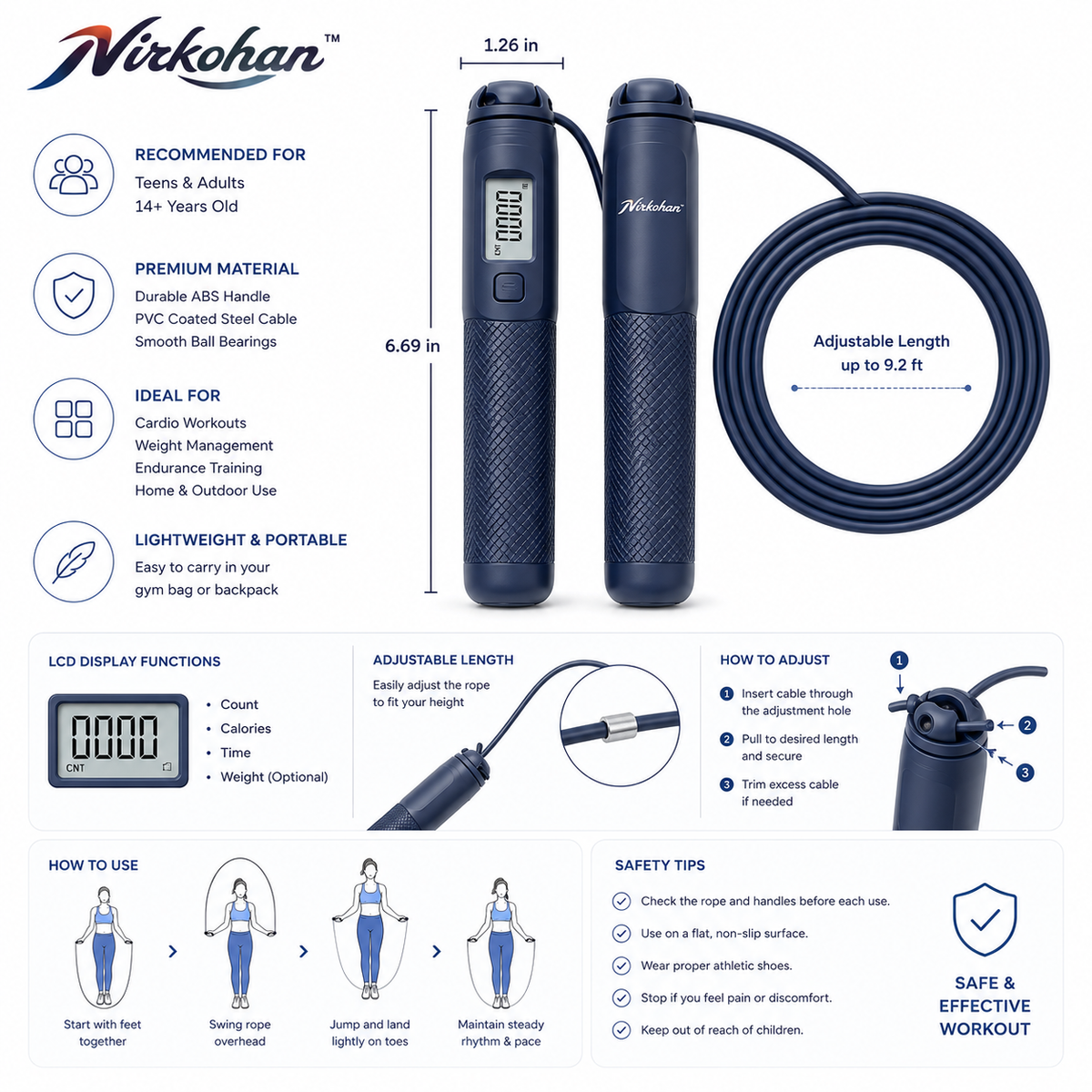 Nirkohan™ CountFlow Digital Jump Rope – Adjustable Speed Rope with LCD Counter for Cardio & Home Fitness
