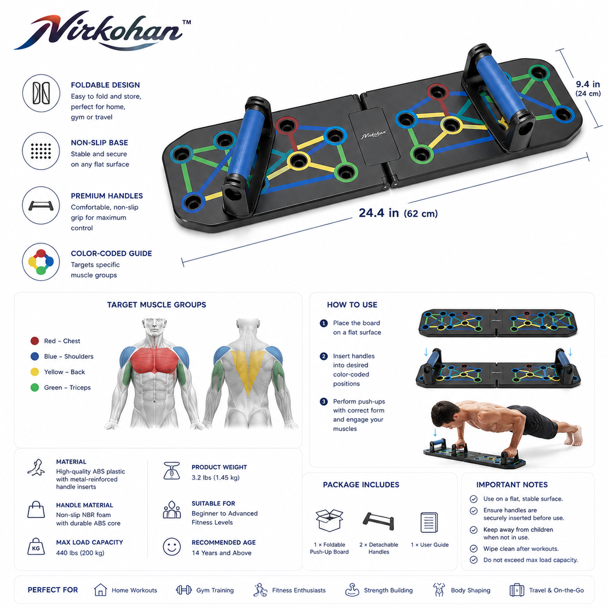 Nirkohan™ PowerRoute Foldable Push-Up Board – Multi-Position Push Up Handles for Chest, Shoulders, Triceps & Back