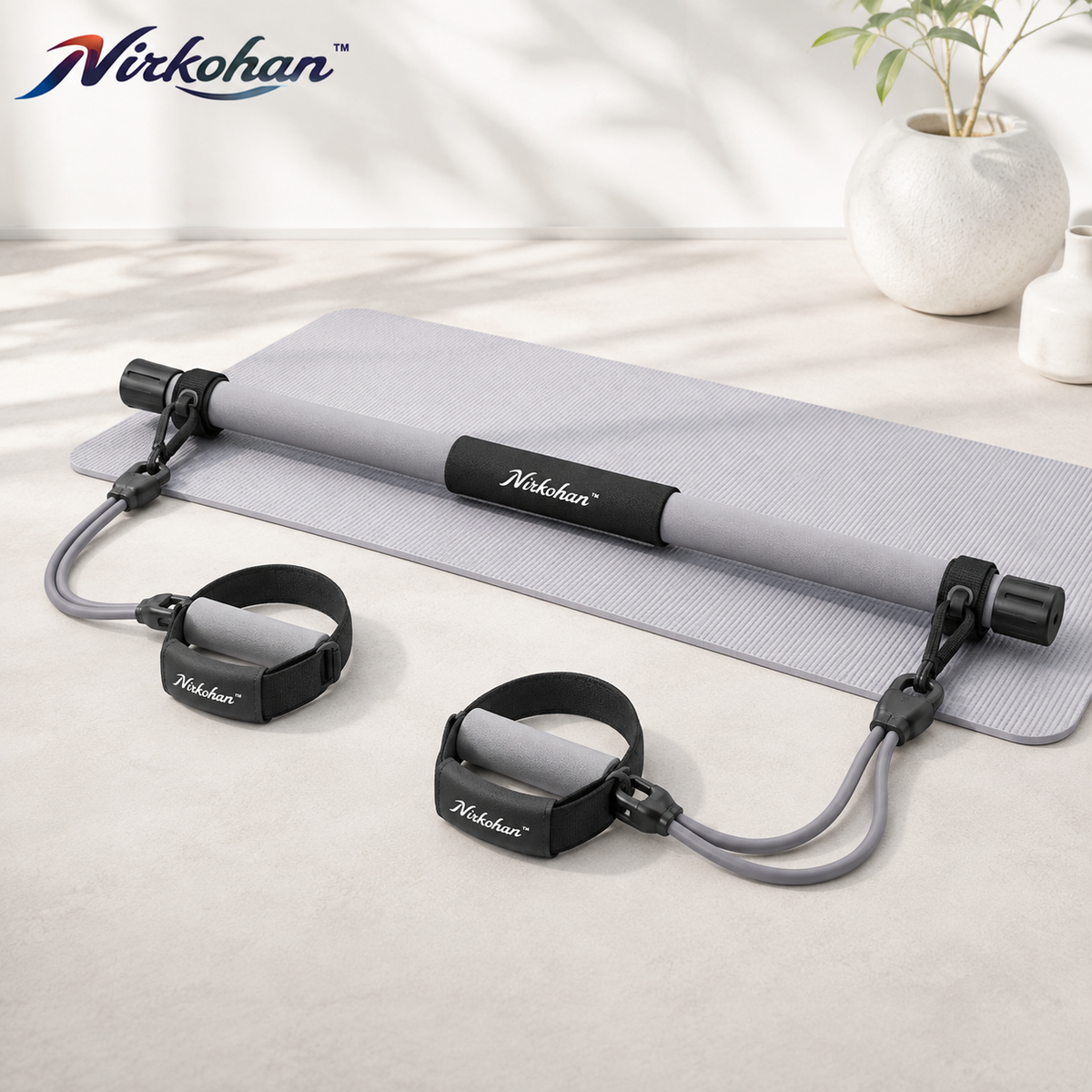 Nirkohan™ FlexBar Pilates Resistance System – Portable Pilates Bar with Dual Resistance Bands & Foot Straps