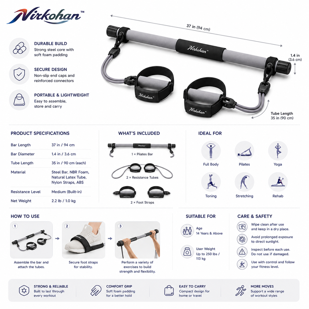Nirkohan™ FlexBar Pilates Resistance System – Portable Pilates Bar with Dual Resistance Bands & Foot Straps