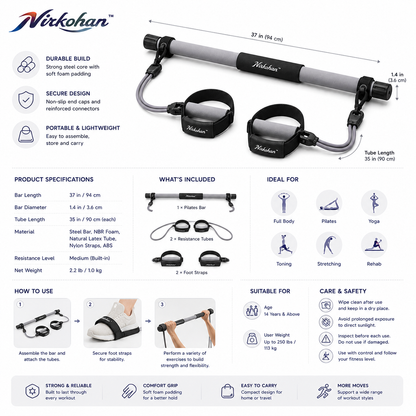 Nirkohan™ FlexBar Pilates Resistance System – Portable Pilates Bar with Dual Resistance Bands & Foot Straps