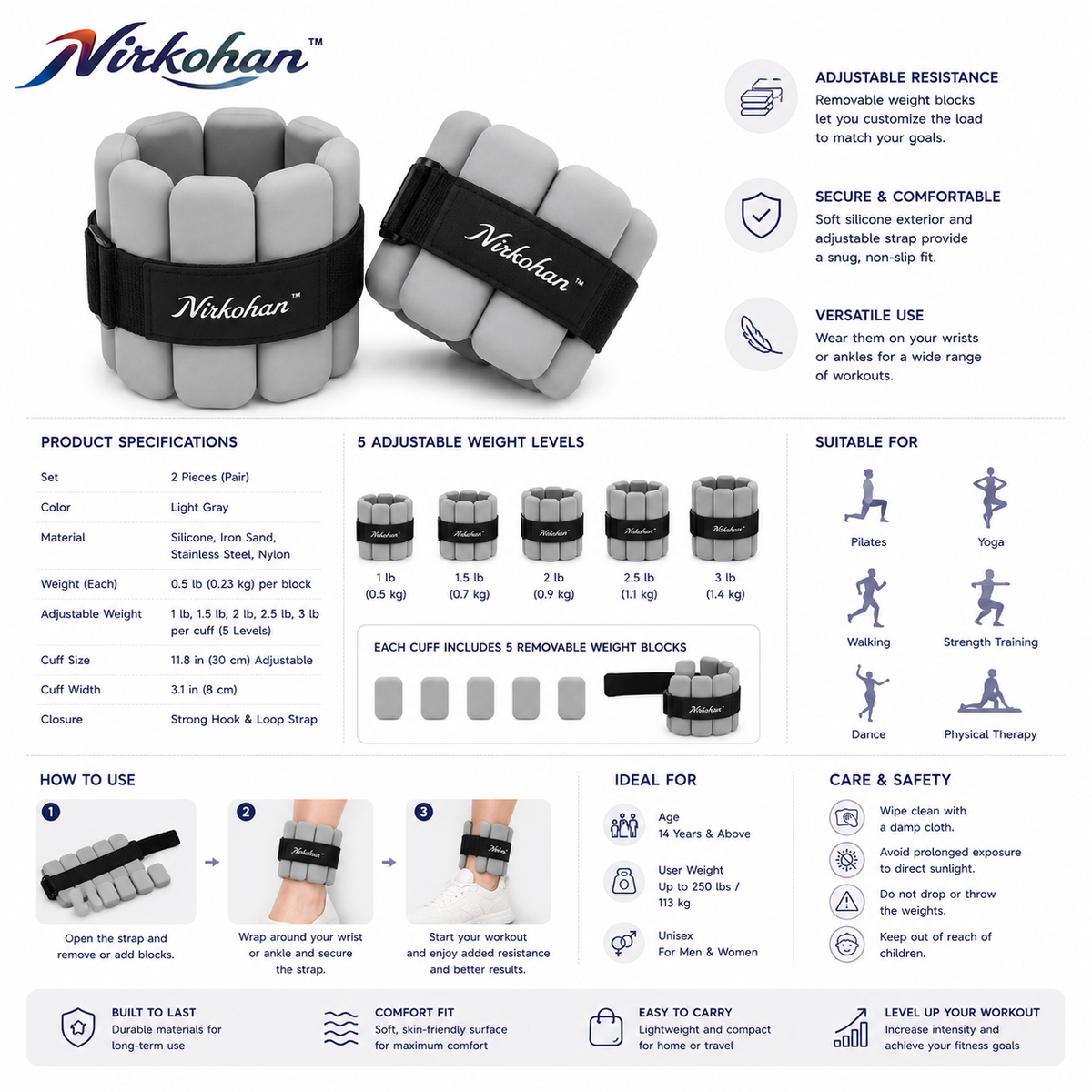 Nirkohan™ ShiftWeight Adjustable Ankle & Wrist Weights – Removable Resistance Pair for Walking, Pilates & Home Workouts