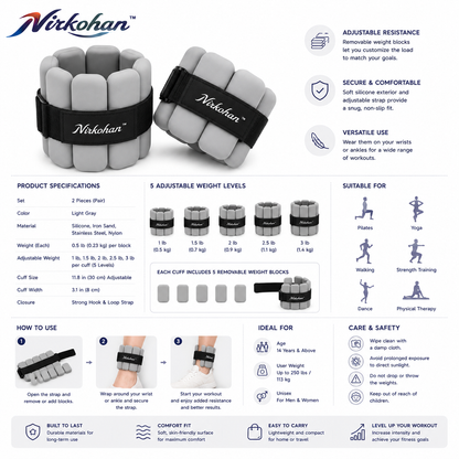 Nirkohan™ ShiftWeight Adjustable Ankle & Wrist Weights – Removable Resistance Pair for Walking, Pilates & Home Workouts