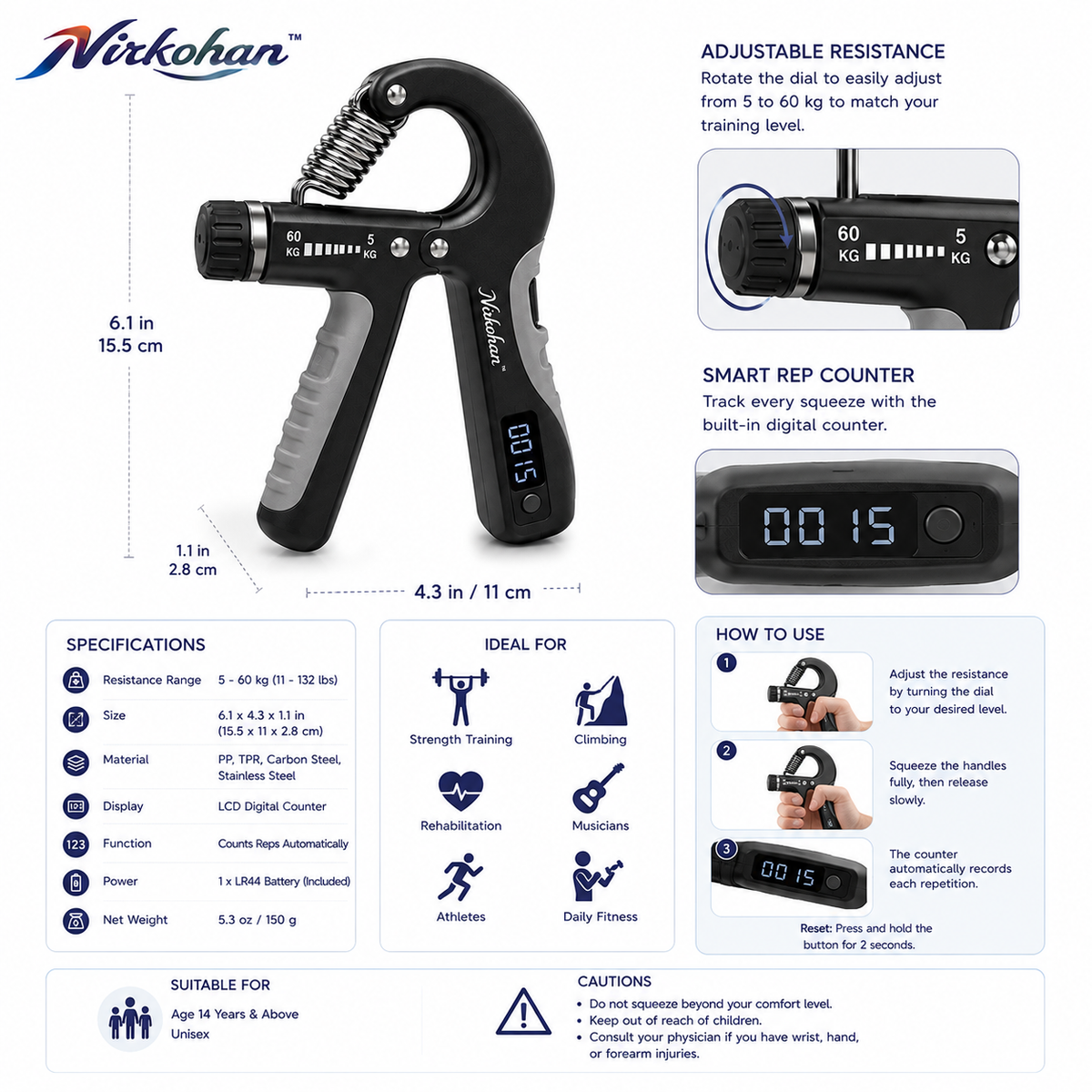 Nirkohan™ GripTrack Digital Hand Strengthener – Adjustable Hand Grip Trainer with Rep Counter