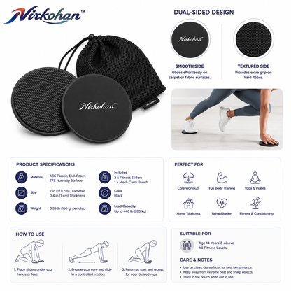 Nirkohan™ CoreSlide Dual-Sided Fitness Sliders – Low-Profile Core & Full Body Exercise Discs with Carry Pouch
