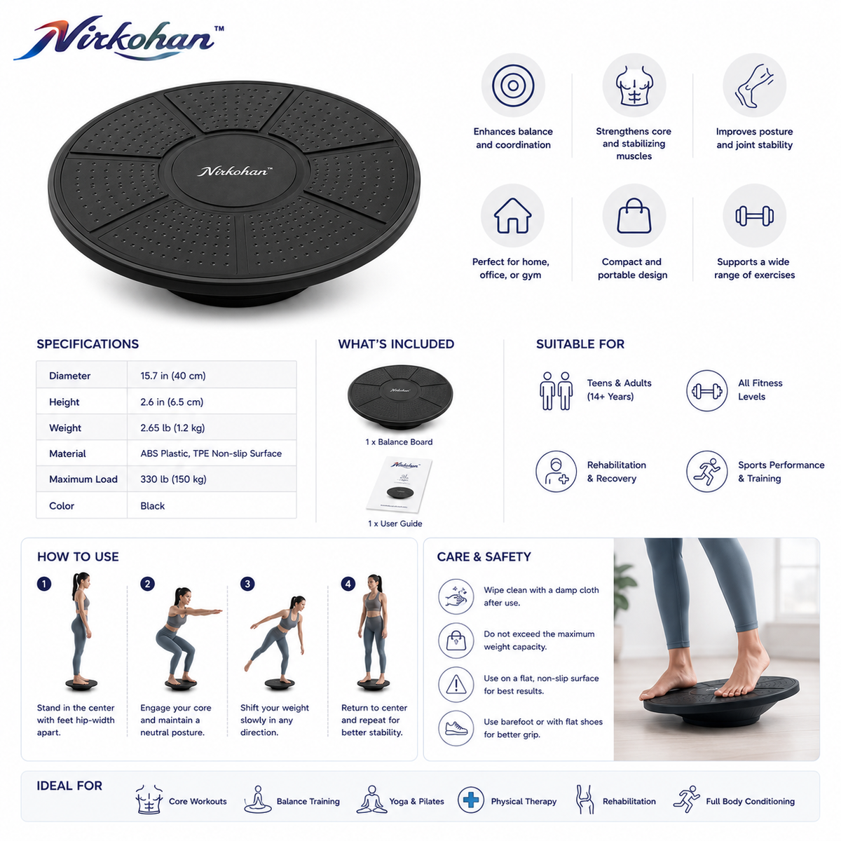 Nirkohan™ AlignBoard Compact Balance Trainer – Anti-Slip Wobble Board for Core Stability & Standing Exercises