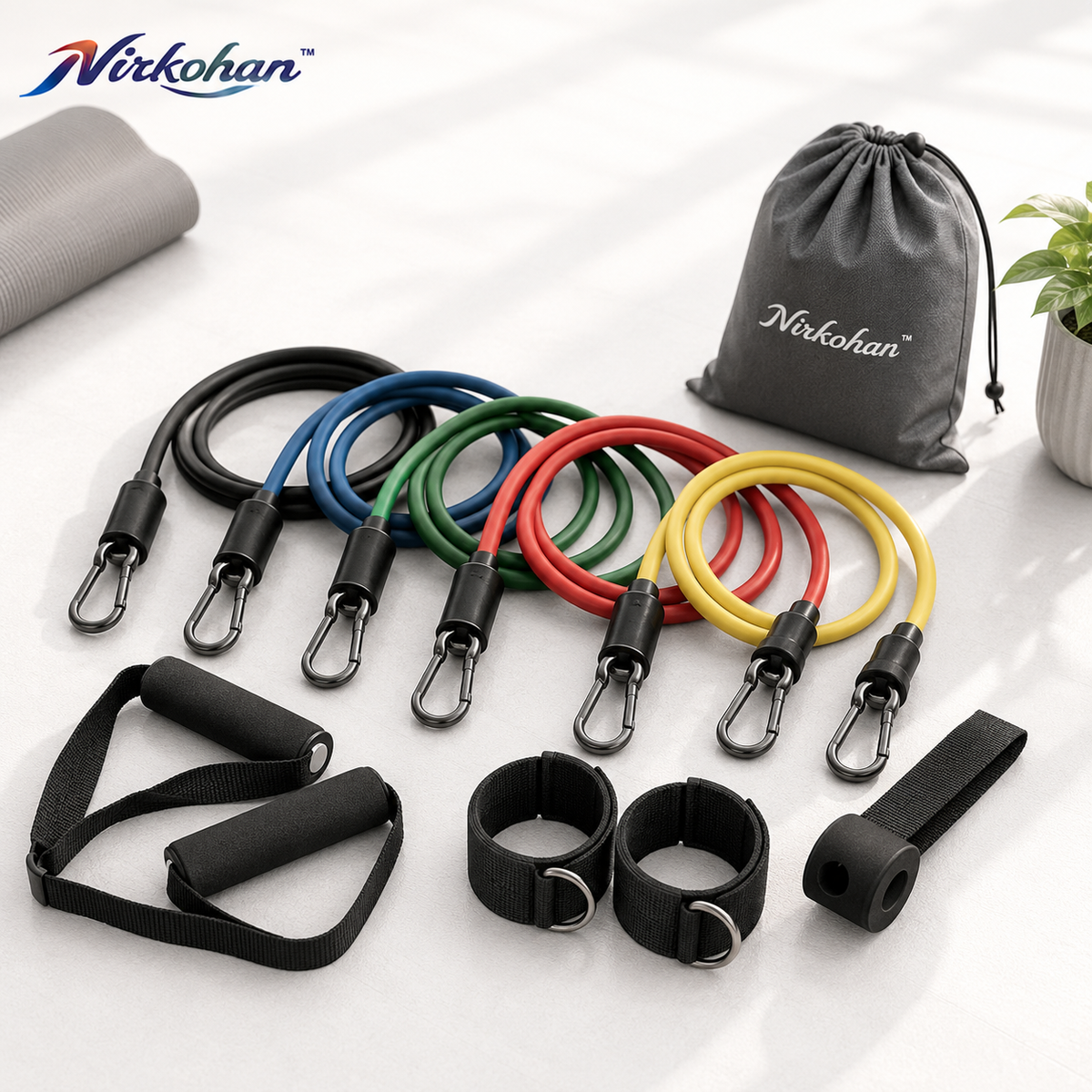 Nirkohan™ StackForce Resistance Tube Kit – 5-Band Adjustable Home Gym Set with Handles, Door Anchor & Ankle Straps