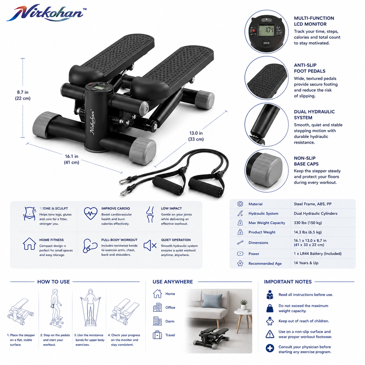Nirkohan™ PulseStep Mini Stepper – Compact Hydraulic Stair Stepper with LCD Workout Monitor & Resistance Bands