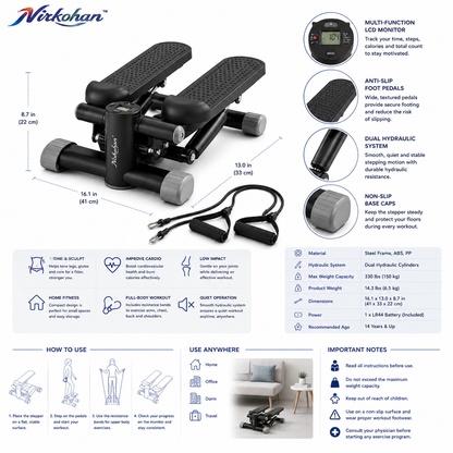 Nirkohan™ PulseStep Mini Stepper – Compact Hydraulic Stair Stepper with LCD Workout Monitor & Resistance Bands