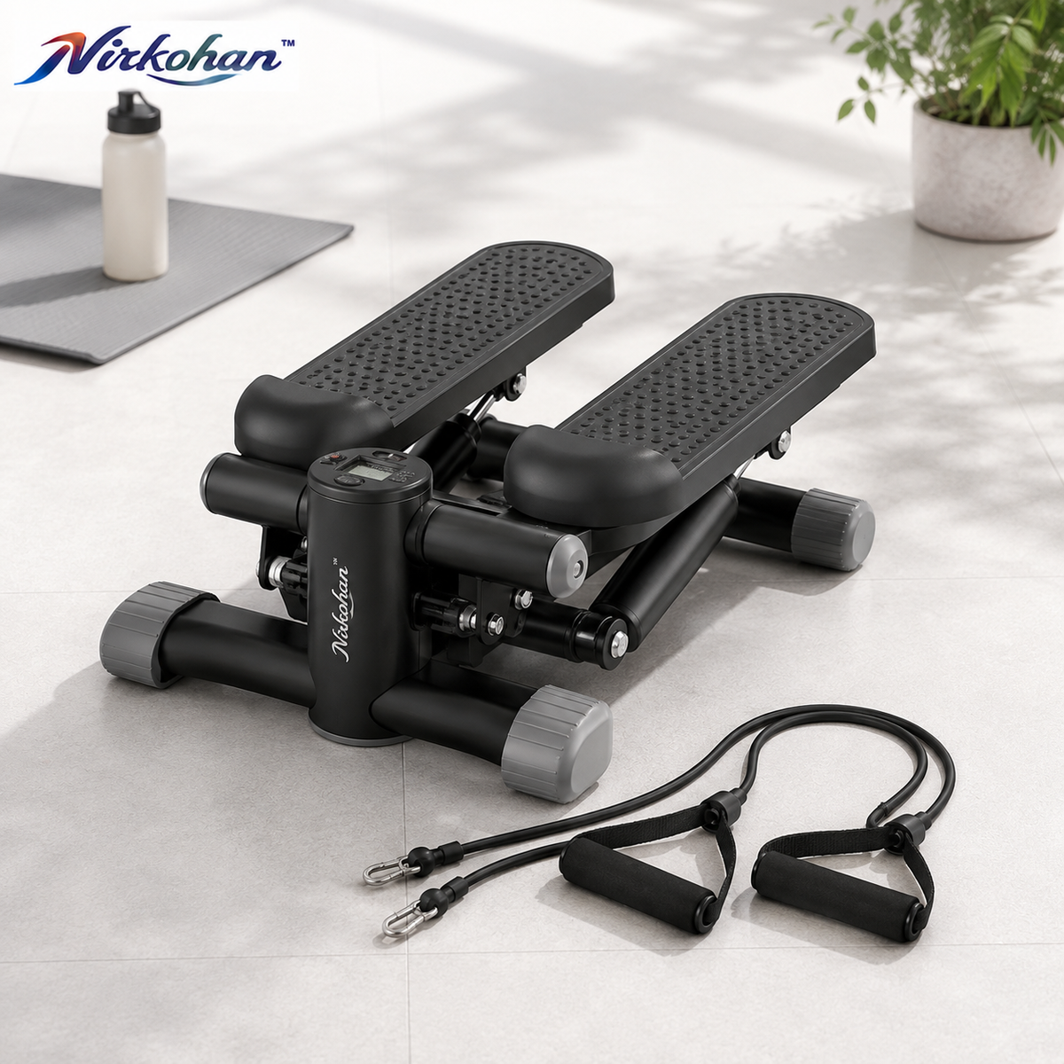 Nirkohan™ PulseStep Mini Stepper – Compact Hydraulic Stair Stepper with LCD Workout Monitor & Resistance Bands