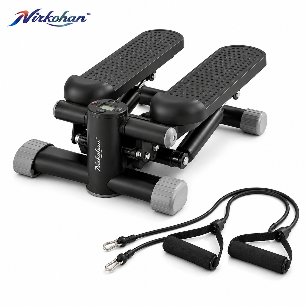 Nirkohan™ PulseStep Mini Stepper – Compact Hydraulic Stair Stepper with LCD Workout Monitor & Resistance Bands